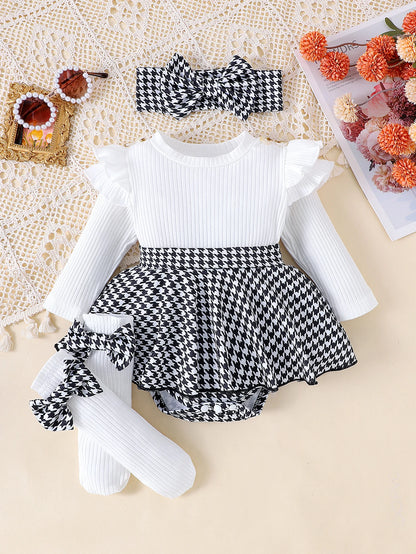 2PCS In Autumn, Baby Girls Aged 0-1 Years Old Have Comfortable Sweet And Cute Black Top + Houndstooth Skirt + Hair Band