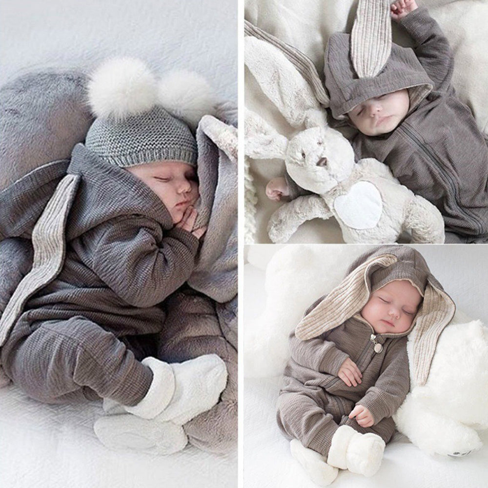 Melario Boys Long Sleeved Clothing Baby Children's Big Ears Rabbit Bodysuit Girl Baby Hooded Zipper Creeper Romper