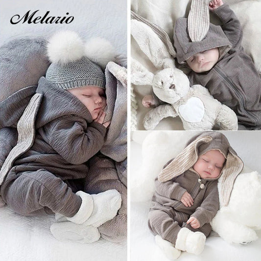 Melario Boys Long Sleeved Clothing Baby Children's Big Ears Rabbit Bodysuit Girl Baby Hooded Zipper Creeper Romper