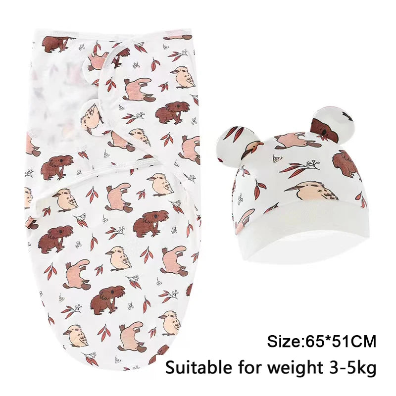 Cartoon Print Swaddle & Hat Gift Set